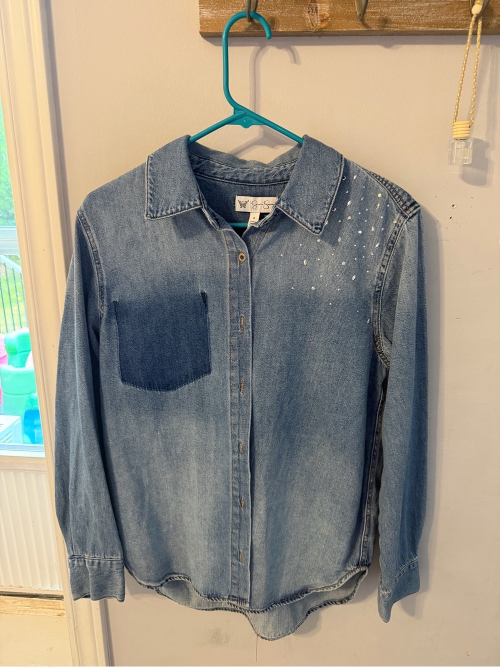 Jessica Simpson Light Blue Denim Button-Down Shirt with Chest Pocket